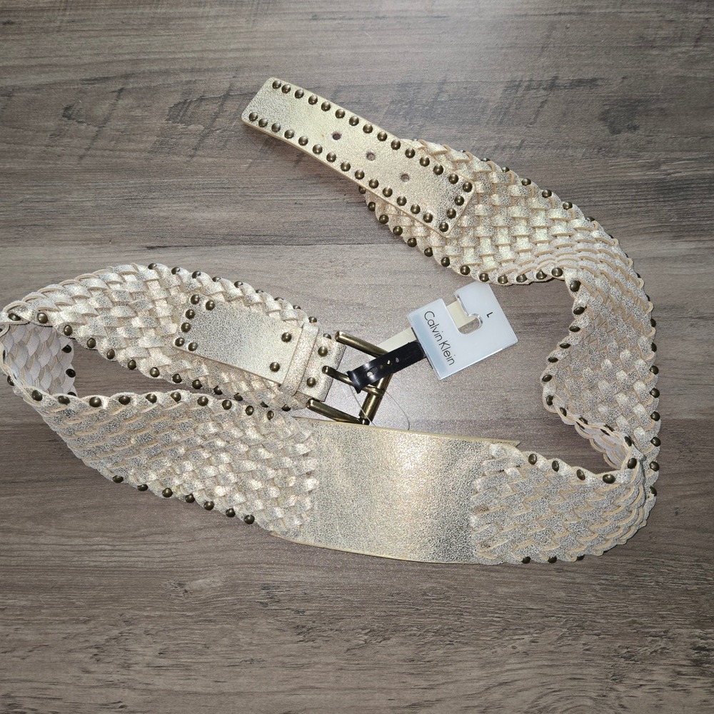 Calvin Klein Studded Woven Gold Belt Women's Large NWT Statement